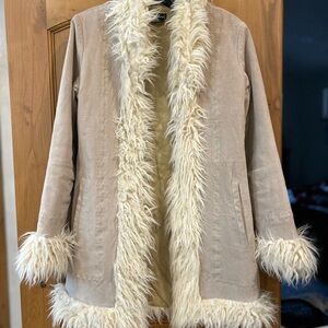 Wet Seal Tan Suede Retro Coat with Cream Faux Fur Trim